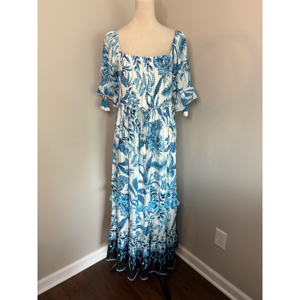 Me 2 Magic Anthropologie Aqua Blue Boho Metallic Tier Dress Festival Tassels XL